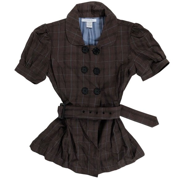 Y2K Charlotte Russe Brown Plaid Double Breasted Short Sleeve Belted Blouse Small - Picture 4 of 6